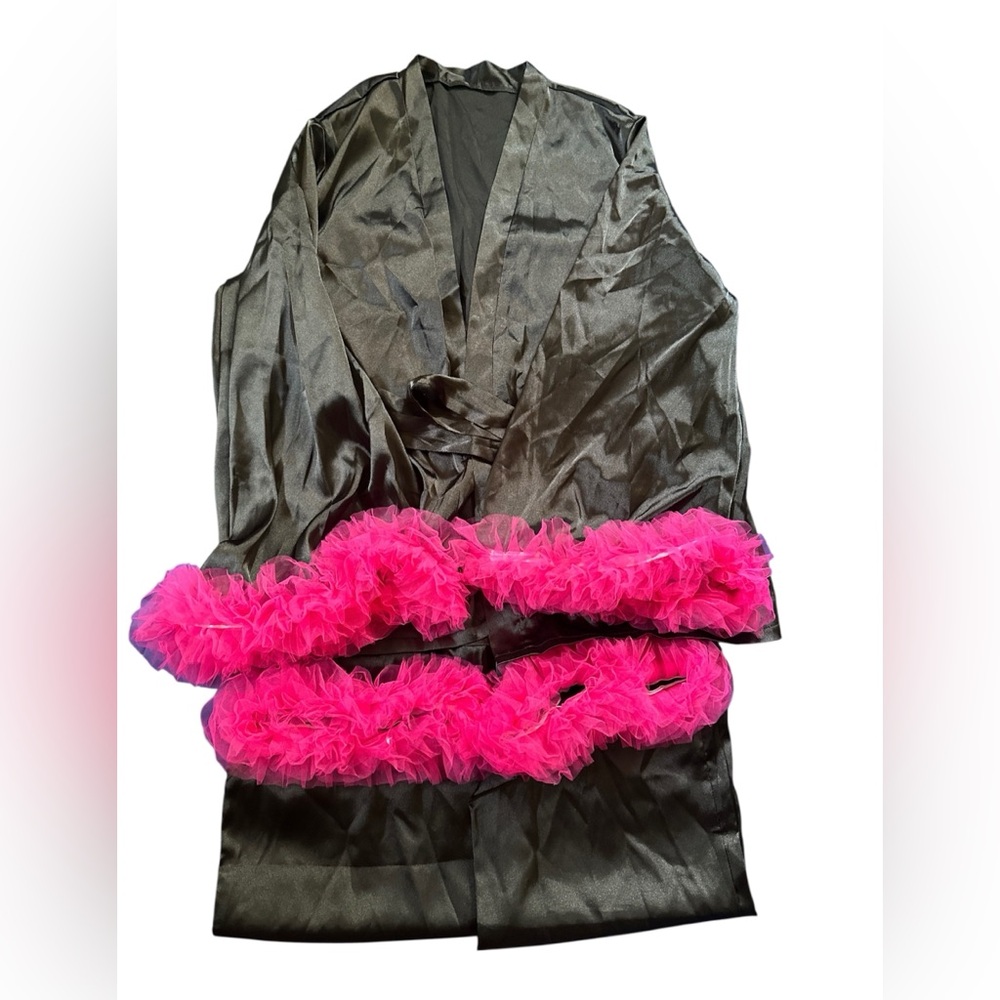 Black Satin Robe with Pink Ruffle Trim